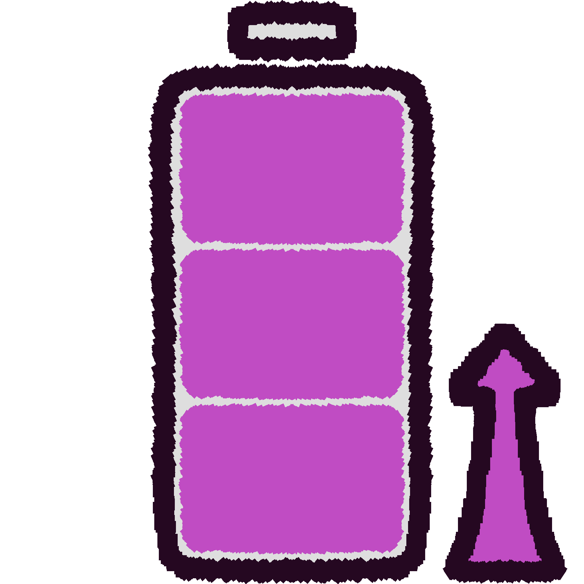 A drawing of a mostly transparent battery with 3 pink bars and a pink arrow on the side going up to the middle.